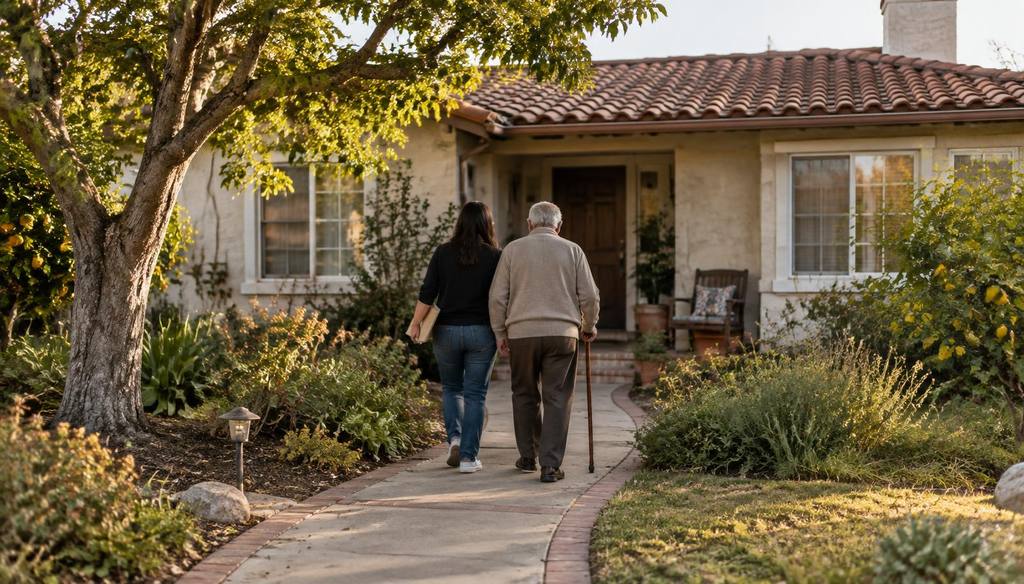 An advisor and an older man walking together up a garden path