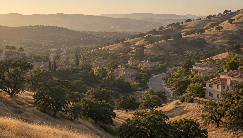 Golden hills and oaks with houses tucked into the slope