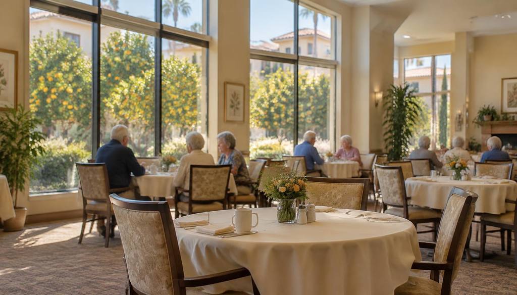 A bright communal dining room in a senior living community