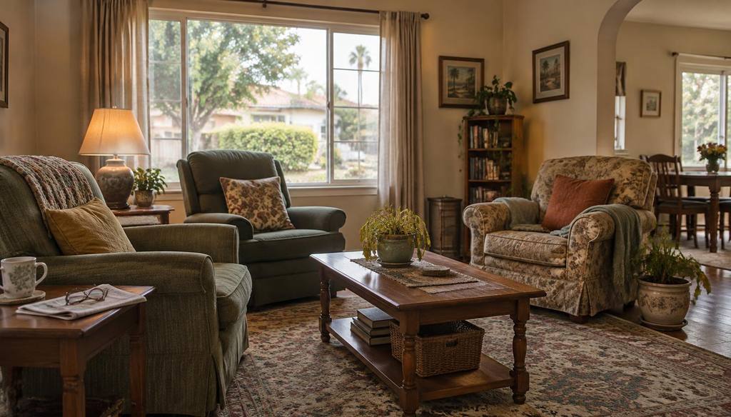 The lived in living room of a small residential care home