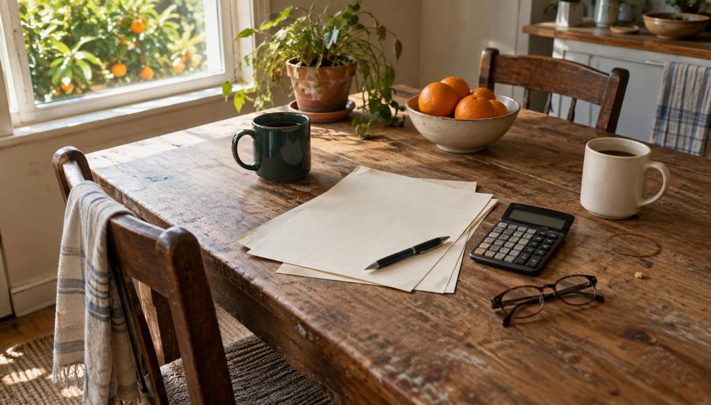Papers, a calculator and two coffee mugs on a kitchen table