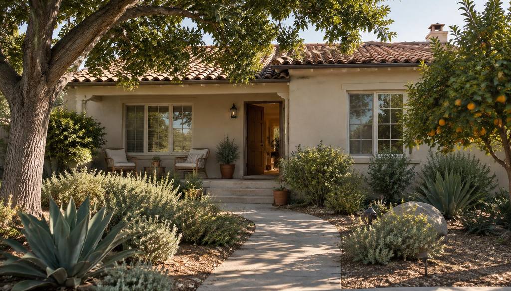 The shaded front path and porch of a single storey Southern California home