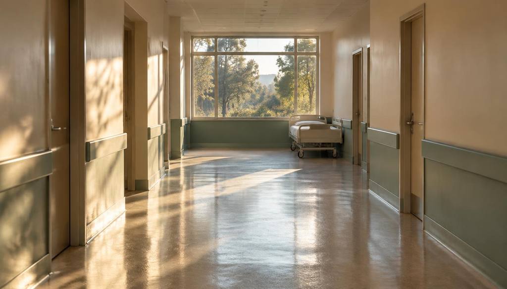 A quiet hospital corridor with daylight falling across the floor