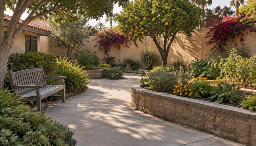 An enclosed garden courtyard with a looping path and a shaded bench