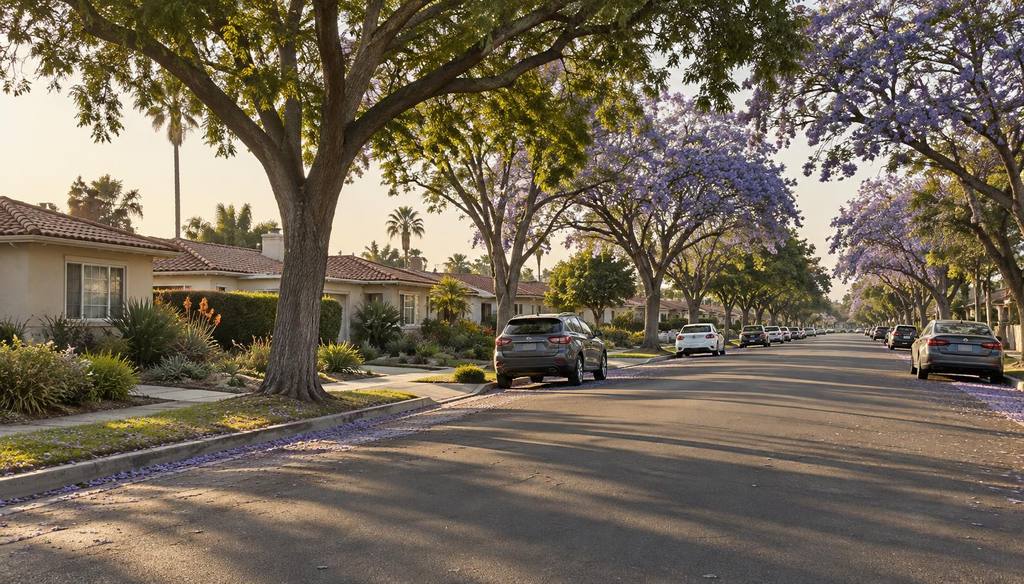 A wide residential street of single storey Anaheim homes under mature trees